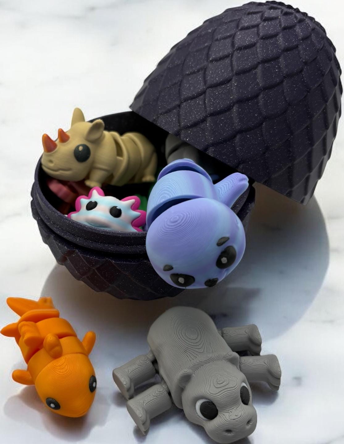 Mystery Egg Collectible Toy - 10 Surprise Animals with 3D-Printed PLA Design, 4"x5"x4", Purple Sparkle Finish Interactive Play Options