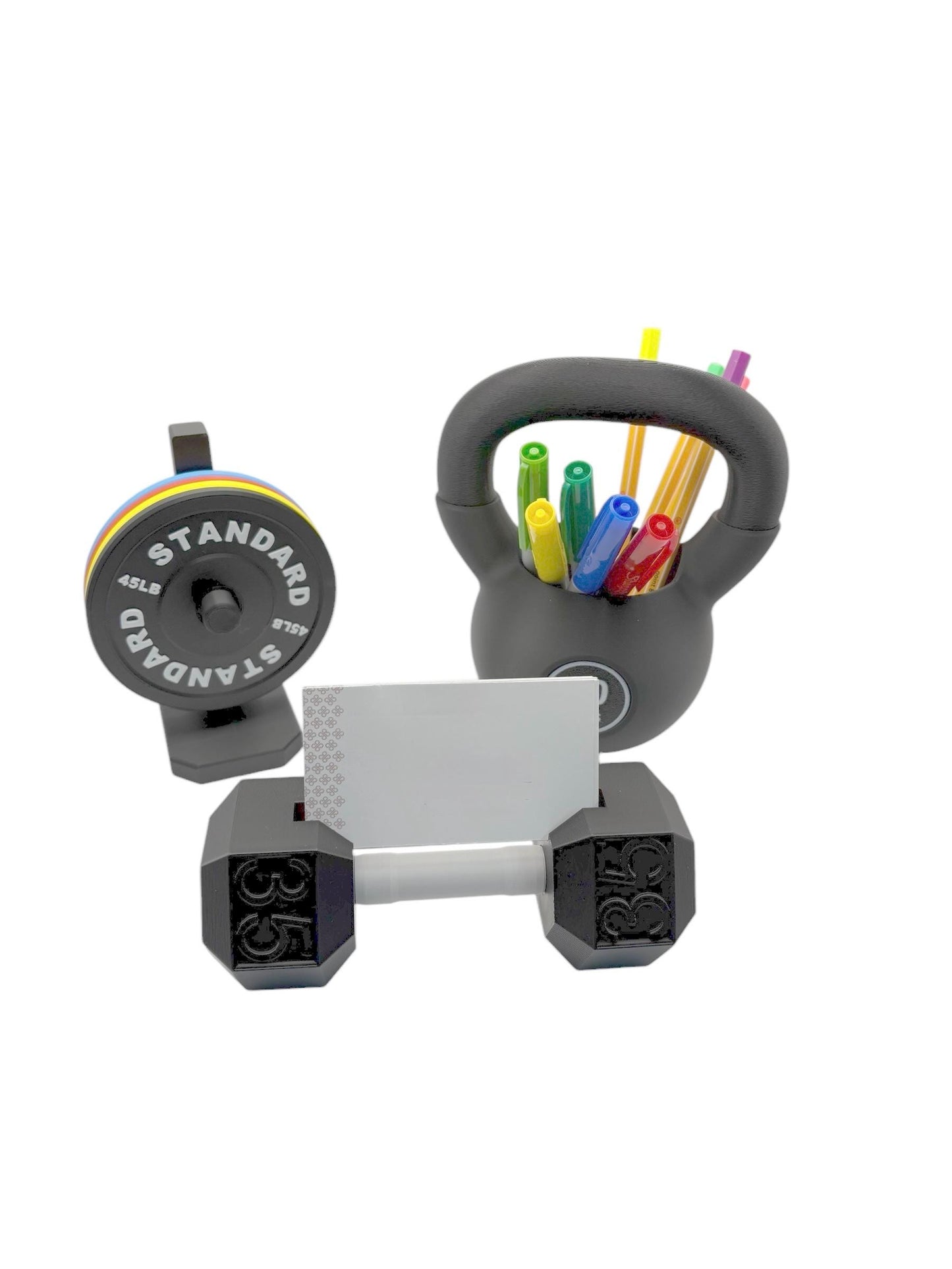 Fitness-Themed Office Desk Set, 3-Piece Dumbbell Business Card Holder, Pen Holder, Black