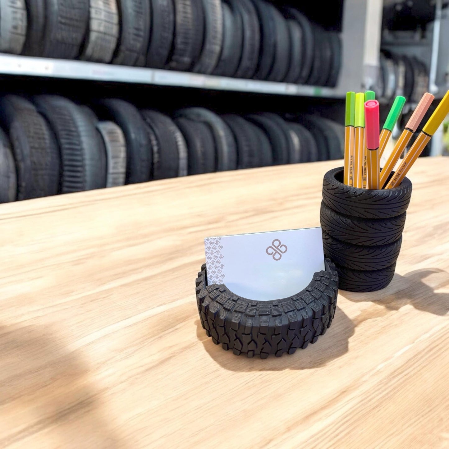 Tire Design Desk Organizer Set, Pen Holder and Business Card Stand, Unique Office Decor, Car-Themed Desk Organizer, Black