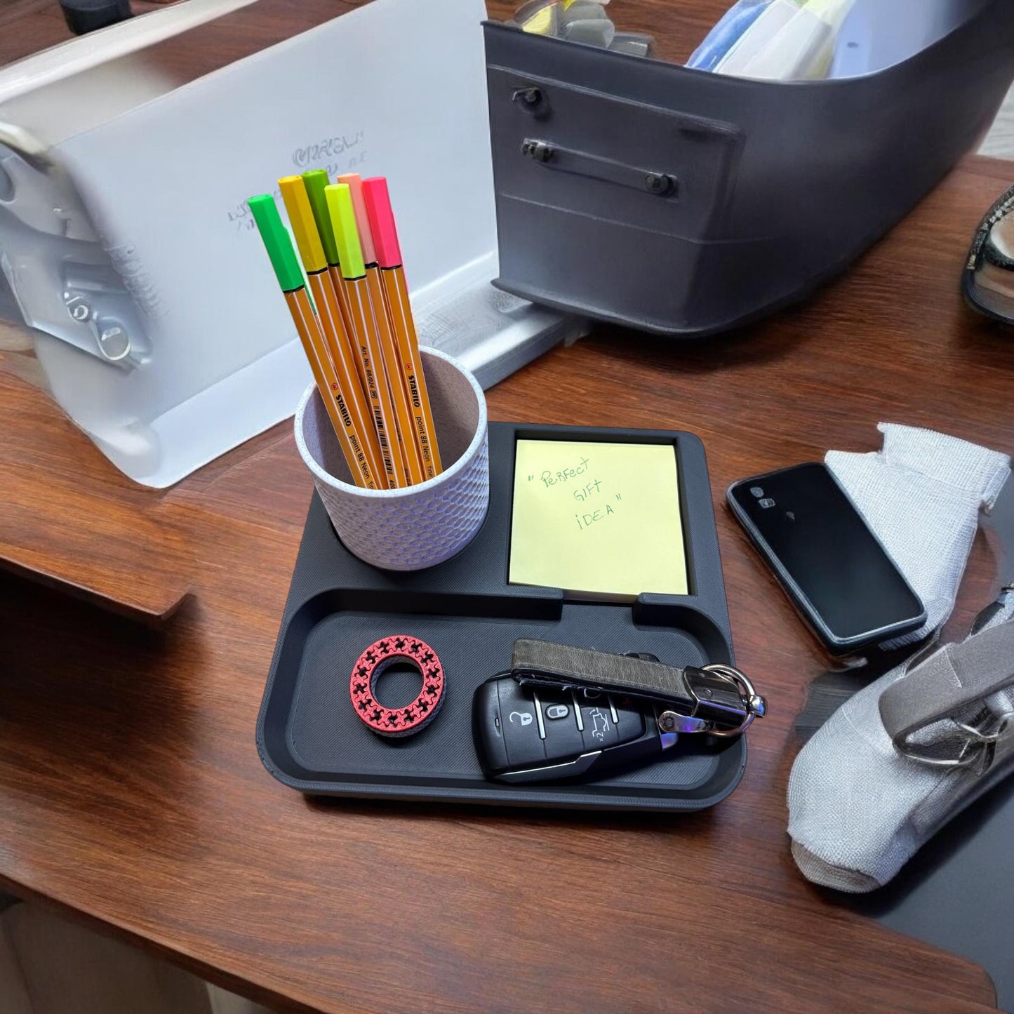 Minimalist Desktop Organizer Tray Set with Pen Holder, Sticky Note Pad Space, Paperclip Storage, Black and White Marble 3D Print