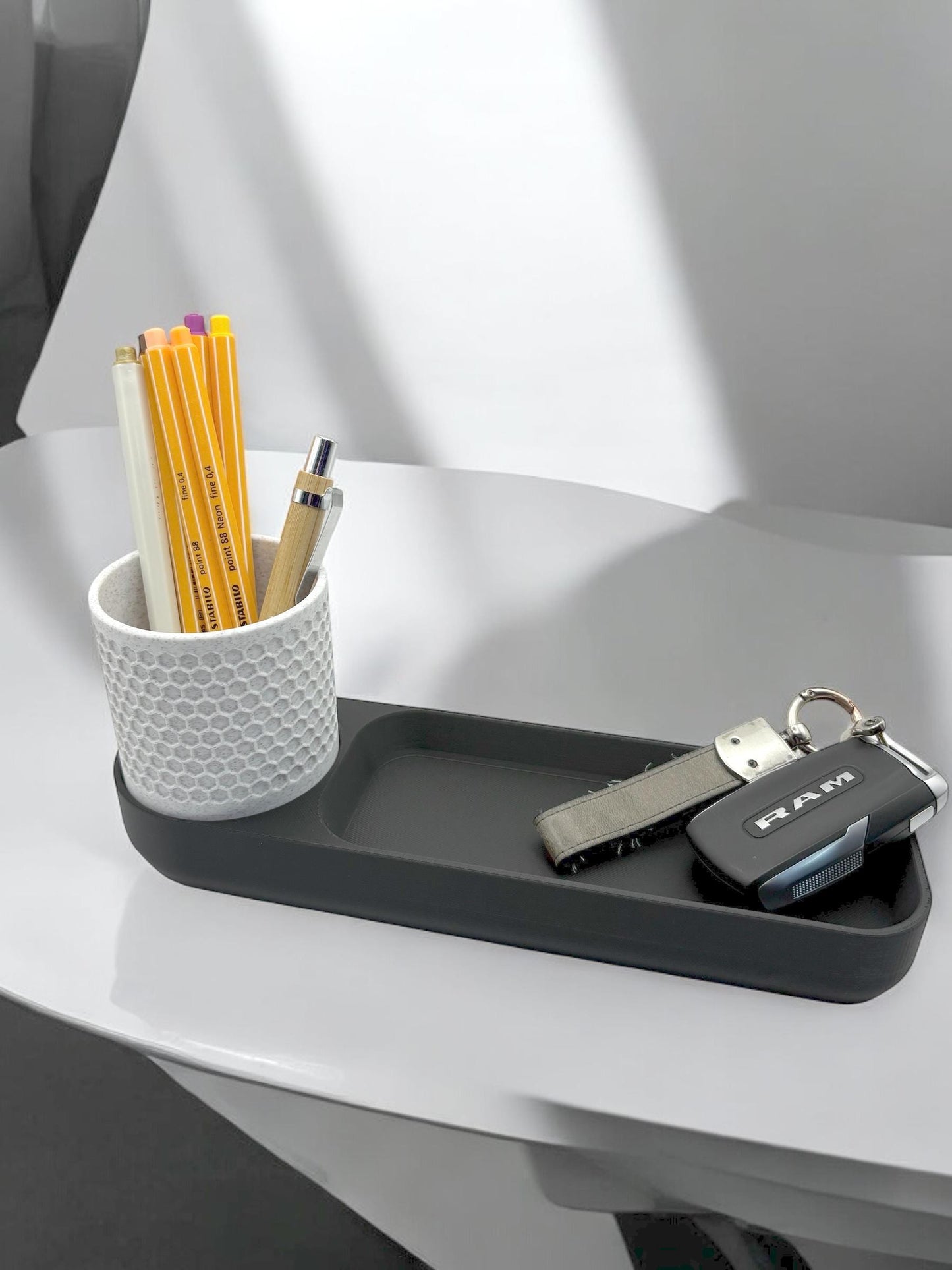 Modern Minimalist Desk Organizer with Pencil Holder and Storage Tray, Black and White Marble 3D Print