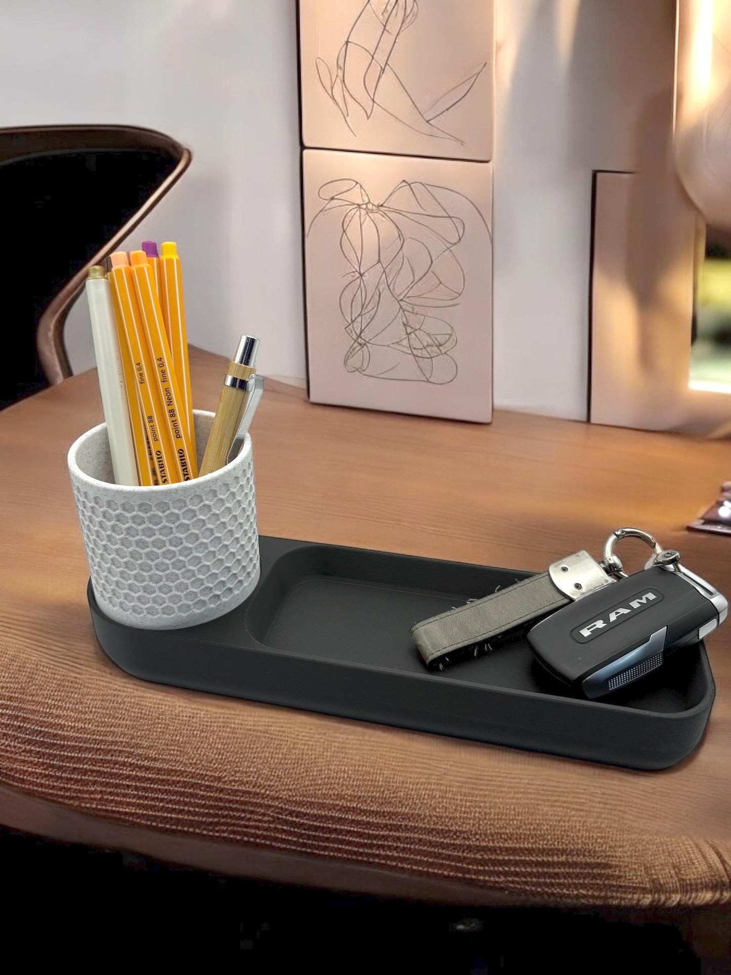 Modern Minimalist Desk Organizer with Pencil Holder and Storage Tray, Black and White Marble 3D Print